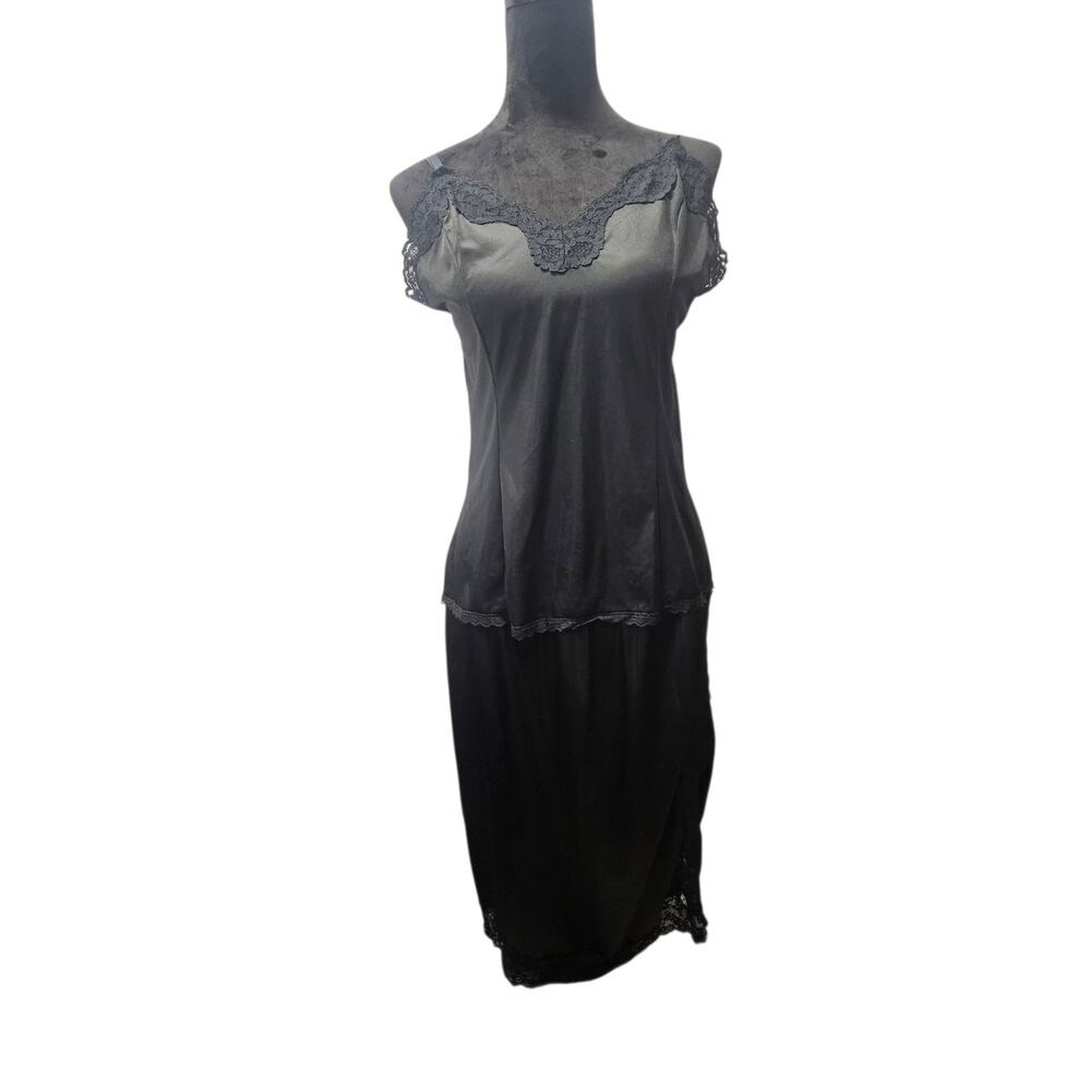 Vintage Women's Black Mel-Lin Nylon Camisole Slip Set Lace Trim XL Glam Pin Up